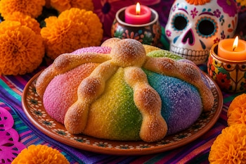 Un pan de muerto con azúcar de colores sobre un plato de barro, rodeado de flores de cempasúchil, velas encendidas y una calavera adornada.