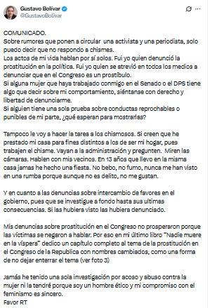 Con este mensaje en X, el exsenador y exdirector del DPS Gustavo Bolívar rechazó rumores en su contra, relacionados con presuntas presiones sexuales a entonces funcionarias del Gobierno - crédito @GustavoBolivar/x