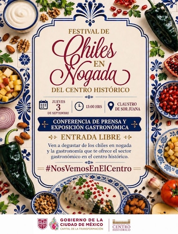 Cartel promocional con el texto del Festival de Chiles en Nogada rodeado por chiles poblanos, granada, nueces y un plato servido