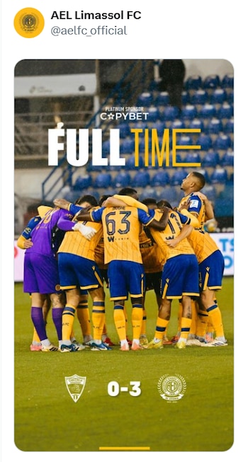 El AEL Limassol goleo 3-0 al Omonia Aradippou sin Ochoa en el campo. (X/ @aelfc_official)