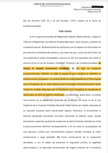 La Corte de Constitucionalidad de Guatemala suspendió el nombramiento de José Adalberto de la Peña Aguilar al frente de Empornac.