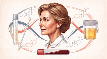Ilustración del perfil de una mujer rodeado por un tubo de muestra de saliva, un tubo de sangre, un contenedor de orina y estructuras químicas.