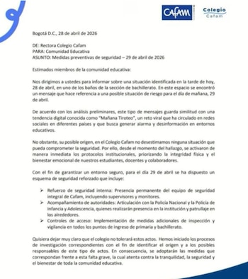 Comunicado oficial de la institución educativa sobre la amenaza de un presunto tiroteo - crédito Colegio Cafam