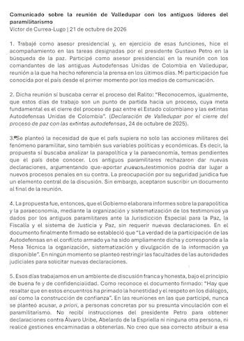 Según su relato, los posteriores acercamientos al excomandante de las Autodefensas Unidas de Colombia (AUC) ocurrieron cuando no ocupaba un cargo en el Gobierno - crédito suministrado infobae