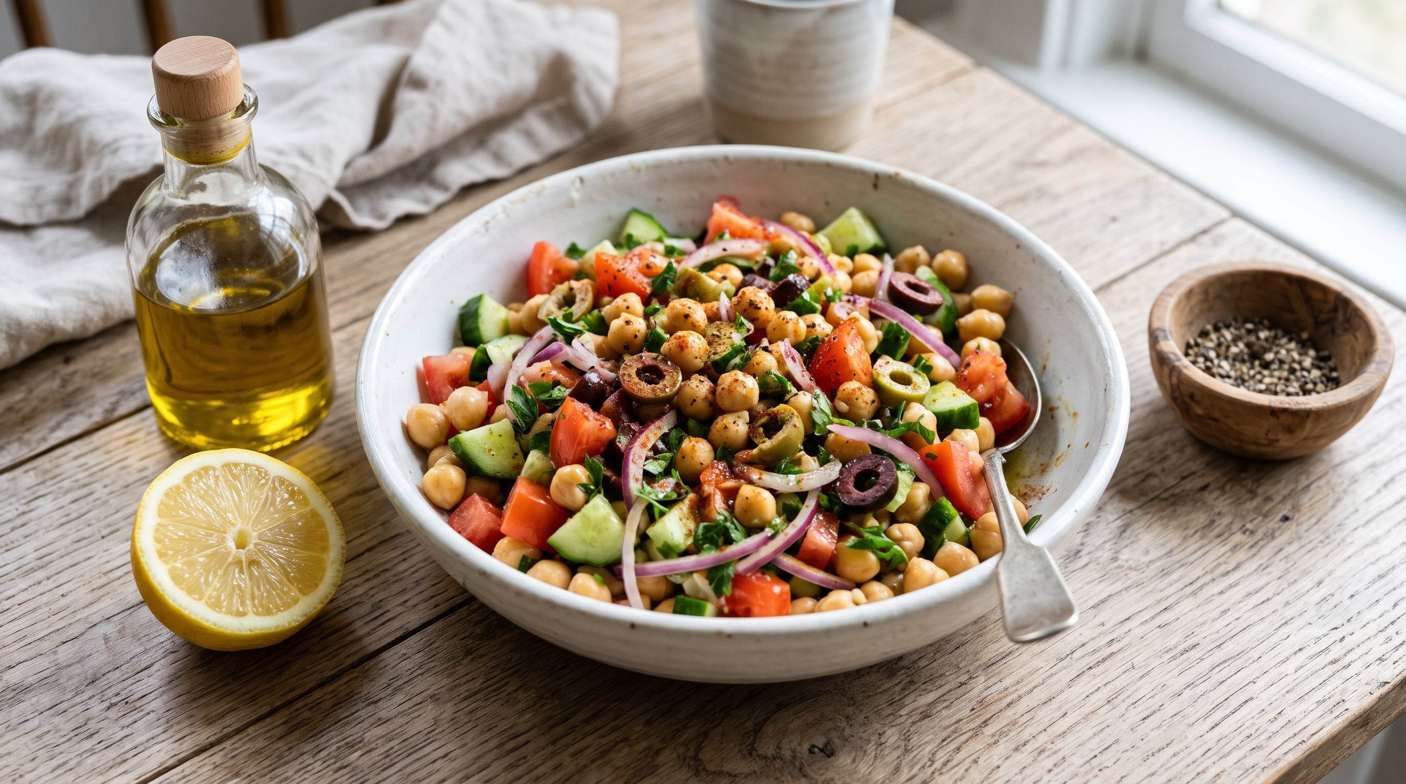 La ensalada de garbanzos, tomate y pepino preserva la textura de sus ingredientes si el condimento se añade justo antes de servir (Imagen Ilustrativa Infobae)