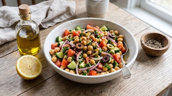 Cuenco con ensalada de garbanzos, tomate, pepino y aceitunas sobre una mesa, junto a medio limón, una botella de aceite de oliva y pimienta negra.