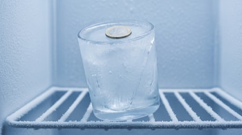 Un vaso de agua congelada con una moneda de un Euro en su superficie superior, posado en una rejilla escarchada dentro de un congelador.