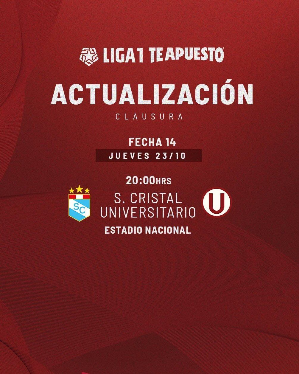 Reprogramación oficial del Universitario vs Sporting Cristal por el Torneo Clausura. Crédito: Liga 1