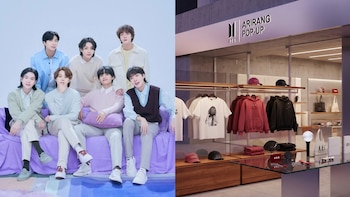 Composición con los siete integrantes de BTS en un sofá morado a la izquierda y el interior de la tienda Arirang Pop-Up con ropa a la derecha
