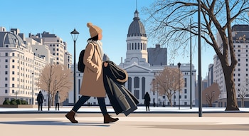 Ilustración de una persona con gorro y abrigo claro caminando por una calle soleada de Buenos Aires con un edificio abovedado de fondo y árboles sin hojas.