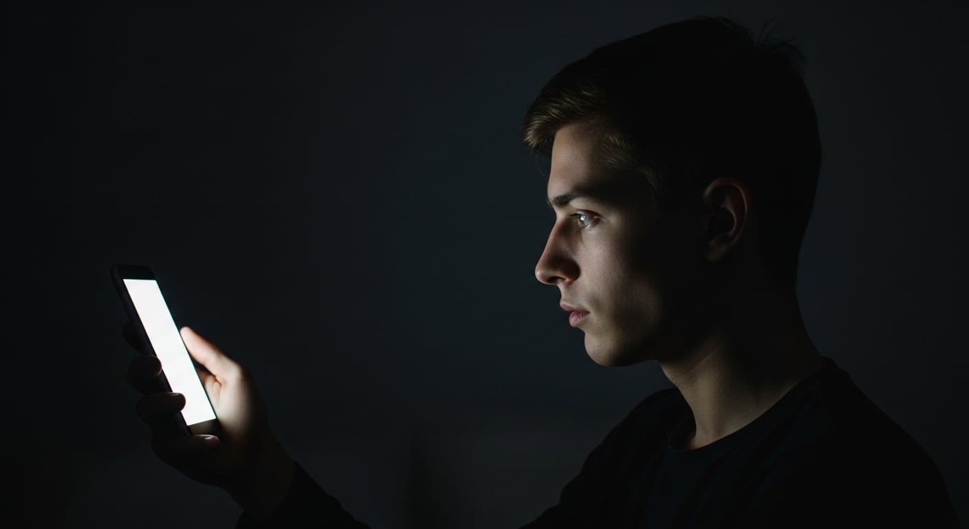 Un joven mira fijamente su teléfono en la oscuridad, simbolizando la vulnerabilidad ante la sextorsión y otros peligros del mundo digital. (Imagen Ilustrativa Infobae)