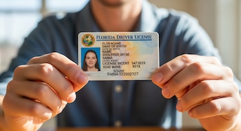 Primer plano de manos sosteniendo una licencia de conducir de Florida, con el nombre, la foto y los detalles de la licencia claramente visibles en la tarjeta.