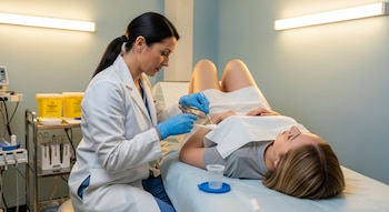 Una doctora con bata blanca y guantes azules realiza un procedimiento médico a una paciente recostada en una camilla. Se ven instrumentos médicos.