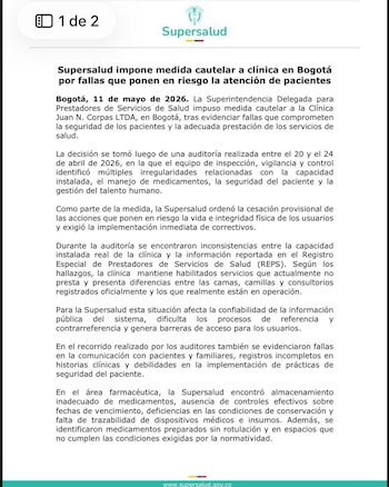 La auditoría de Supersalud identificó inconsistencias entre la capacidad instalada real de la clínica y la información registrada en el Reps - crédito Supersalud
