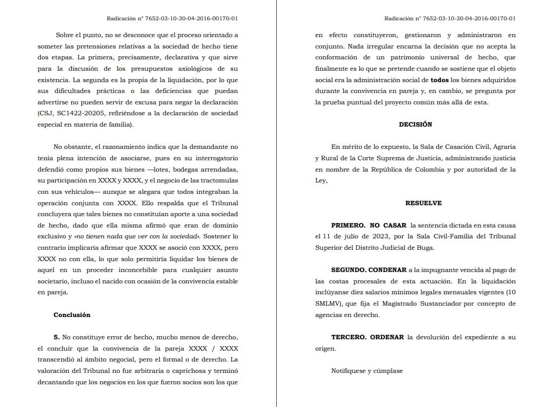 La unión marital de hecho, regulada por la Ley 54 de 1990, puede generar una sociedad patrimonial tras dos años de convivencia continua, pero esa figura no equivale a una sociedad de hecho, según la Corte Suprema de Justicia - crédito Corte Suprema de Justicia