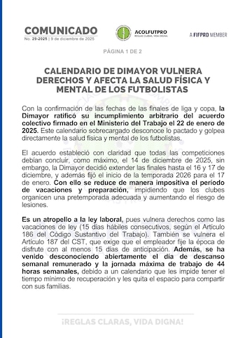 La agremiación de futbolistas publicó