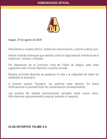 El club informó que la medida se tomó tras recibir amenazas contra la seguridad de integrantes de la institución, hinchas y oficiales - crédito Deportes Tolima