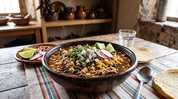 Tazón de barro con caldo de frijol, granos de elote, carne y rodajas de limón, junto a tortillas de maíz sobre una mesa de madera.