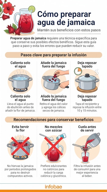 Infografía con pasos y recomendaciones ilustradas para preparar agua de jamaica, que incluye flores de hibisco, ollas, una jarra, y texto explicativo.