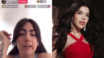Collage de dos imágenes: una mujer con auriculares en una videollamada y texto de interfaz, junto a un retrato de la misma mujer maquillada con top rojo y aretes.