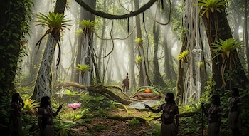Personas indígenas en una selva amazónica con árboles, plantas y enredaderas, algunos elementos del paisaje son transparentes, bajo luz solar.