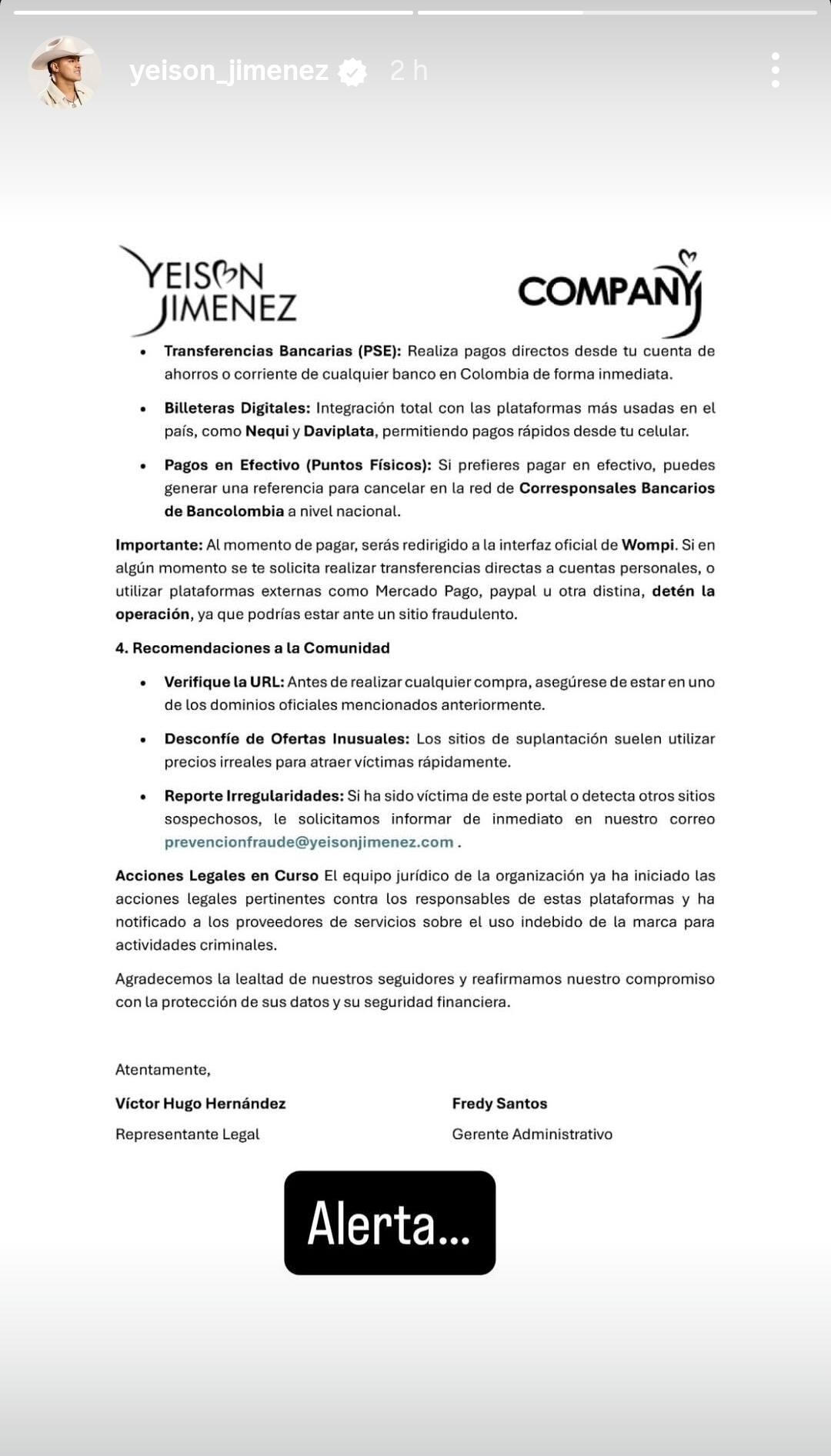 La organización informa que cualquier pedido de pago a través de Mercado Pago o Paypal es señal de estafa relacionada con Yeison Jiménez - crédito yeison_jimenez / Instagram