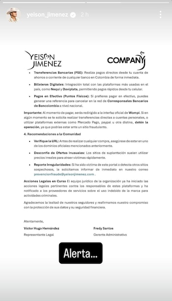 La organización informa que cualquier pedido de pago a través de Mercado Pago o Paypal es señal de estafa relacionada con Yeison Jiménez - crédito yeison_jimenez / Instagram