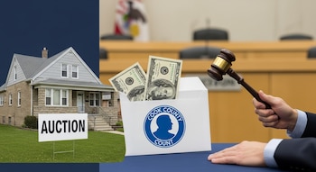 Una casa urbana típica de Illinois con un cartel de "Auction" en el césped. Junto a ella, una mano sostiene un mazo sobre un sobre con billetes y el logo del Condado de Cook.