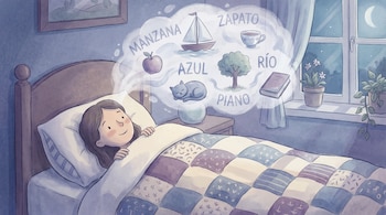 Ilustración de una persona en la cama, con un edredón de patchwork, observando nubes de pensamiento con palabras e imágenes como manzana, gato, barco y libro.