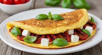 Un omelette doblado en un plato blanco, relleno de tomates secos, cubos de queso blanco y hojas de albahaca. En el fondo, un tazón con tomates cherry.