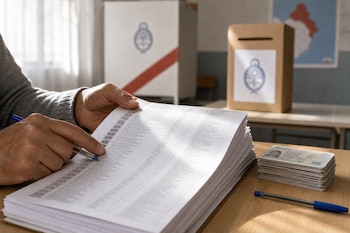 Manos con un bolígrafo sobre un padrón electoral impreso, junto a una pila de documentos de identidad y una urna sobre la mesa.
