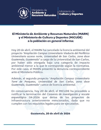 Un documento oficial del Gobierno de Guatemala con los logotipos del Ministerio de Ambiente y Recursos Naturales y el Ministerio de Cultura y Deportes, mostrando un comunicado