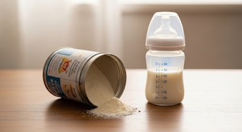 Una lata de suplemento infantil en polvo está tumbada sobre una mesa de madera, con parte del polvo derramado. Al lado, un biberón transparente con leche.