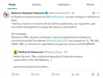 Captura de pantalla de un tuit de Roberto Sánchez Palomino con texto político, incluye un retuit de Política El Comercio con una cita de Keiko Fujimori