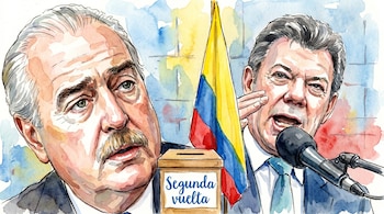 Ilustración en acuarela de Juan Manuel Santos hablando en un micrófono y Óscar Iván Zuluaga. Al centro, una urna con 'Segunda vuelta' y bandera colombiana.