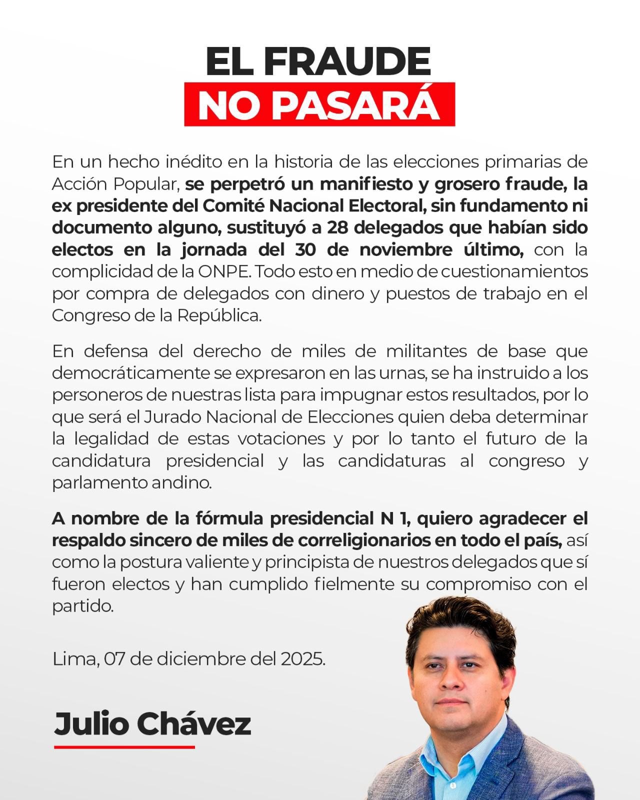 Comunicado del presidente de Acción Popular, Julio Chávez. | X