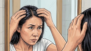 Una mujer con cabello oscuro y manos sobre el cuero cabelludo que presenta caspa. Se ve su reflejo en un espejo con marco de madera.