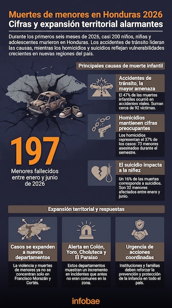 Infografía sobre muertes de menores en Honduras con el número 197, mapa agrietado con un auto chocado y zapatos, e iconos de accidentes, homicidios y suicidios con datos.