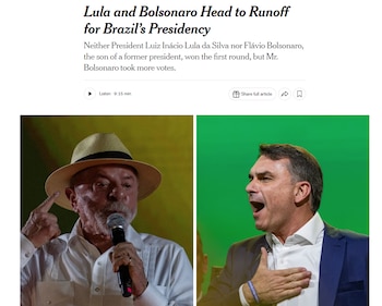 Titular de noticias en inglés sobre elecciones brasileñas acompañado por fotografías de Luiz Inácio Lula da Silva y Flávio Bolsonaro