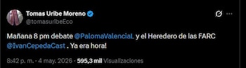 El hijo del expresidente Álvaro Uribe anunció en redes sociales que el debate entre Paloma Valencia e Iván Cepeda se realizará a la hora prevista - crédito Tomás Uribe/X