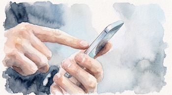 Pintura en acuarela de dos manos que sostienen y tocan la pantalla de un teléfono inteligente sobre un fondo con manchas grises.