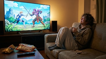 Una persona sentada en un sofá gris viendo una batalla de anime en un televisor grande. Hay aperitivos y un mando a distancia en la mesa. La persona sonríe y sostiene una taza.