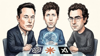 Caricatura de Elon Musk, Sam Altman y Dario Amodei sentados a una mesa con un holograma del planeta y tres logotipos corporativos.