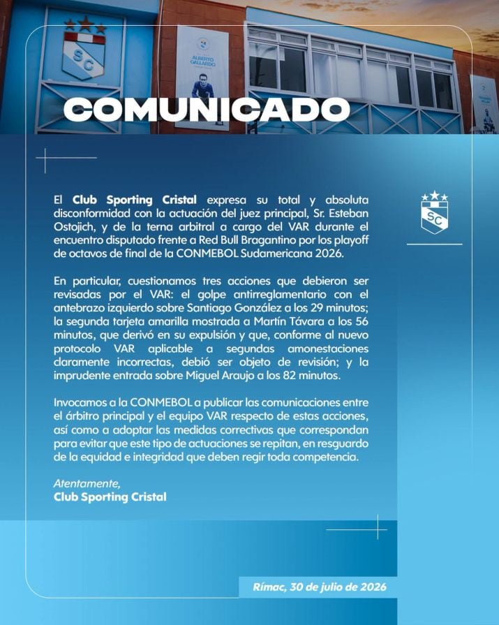 Sporting Cristal elevó un reclamo formal a la CONMEBOL tras cuestionar tres decisiones arbitrales frente a Bragantino y solicitó la publicación de los audios entre Esteban Ostojich y el VAR. (Sporting Cristal)