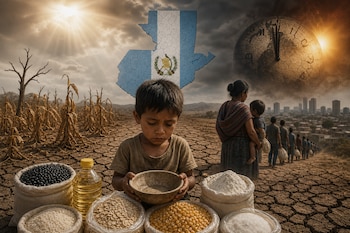 Ilustración de un niño con un plato vacío sobre tierra seca, junto a sacos de comida, el mapa de Guatemala y un reloj en el cielo.