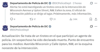 Tweets del Departamento de Policía de DC informando sobre un tiroteo con un agente y un sospechoso declarado muerto en Washington D.C
