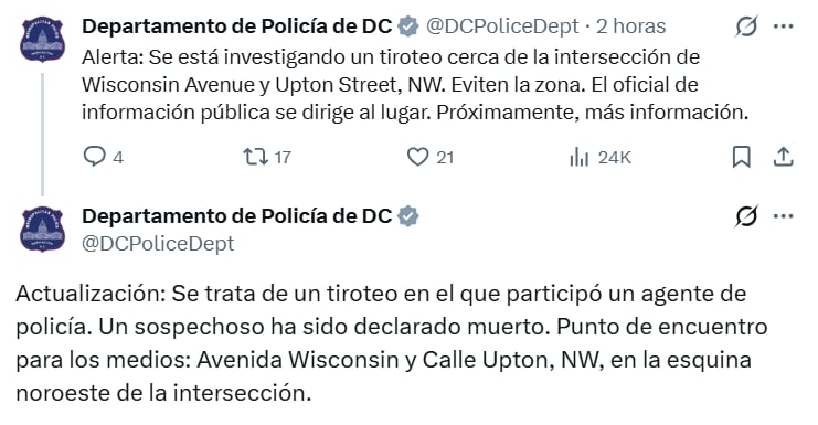 Un sospechoso de asesinato muere a manos de la policía en un tiroteo en el noroeste de Washington D.C., cerca de la Avenida Wisconsin y la Calle Upton. (DC Police Department)