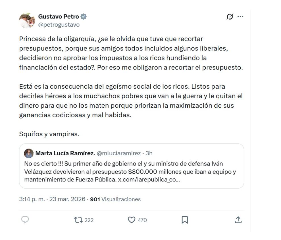 En este mensaje en X, el presidente Gustavo Petro arremetió contra la exvicepresidenta Marta Lucía Ramírez, a la que cuestionó por sus orígenes - crédito @petrogustavo/X