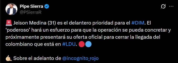 Jeison Medina, delantero de la Liga de Quito, es prioridad del Medellín y buscará un acuerdo para su contratación - crédito @PSierraR/X