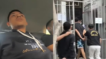 Split screen: izquierda, rostro de joven en vehículo; derecha, dos jóvenes esposados escoltados por policías de "Escuadrón Verde" hacia una comisaría